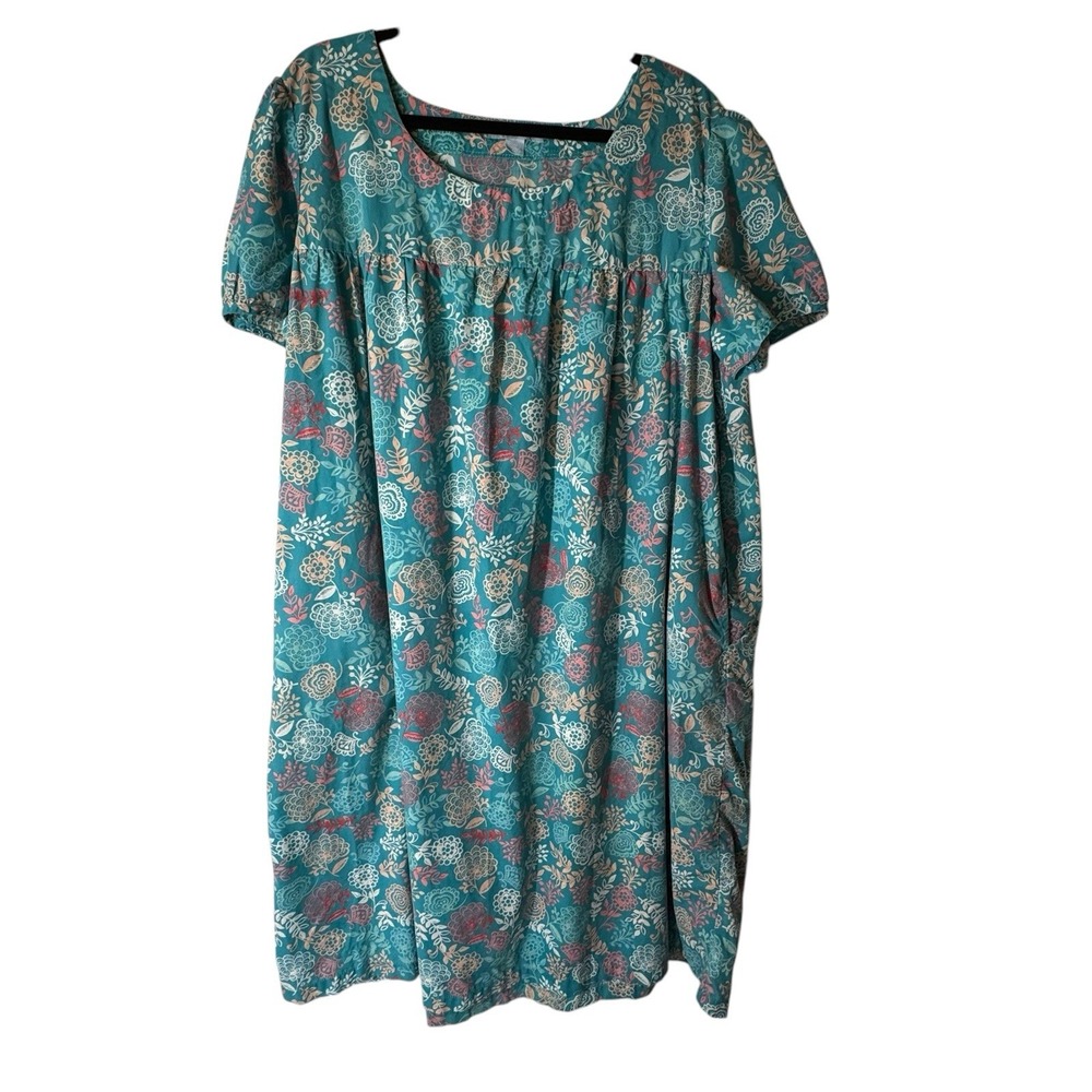 Only Necessities Dress Women 1X 22 24 Muu Muu Short Sleeve Teal Floral House